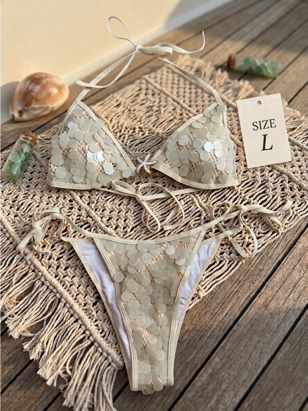 Cream Sequin String Bikini Set Large Starfish Charm Detail Mesh Embellished NWOT